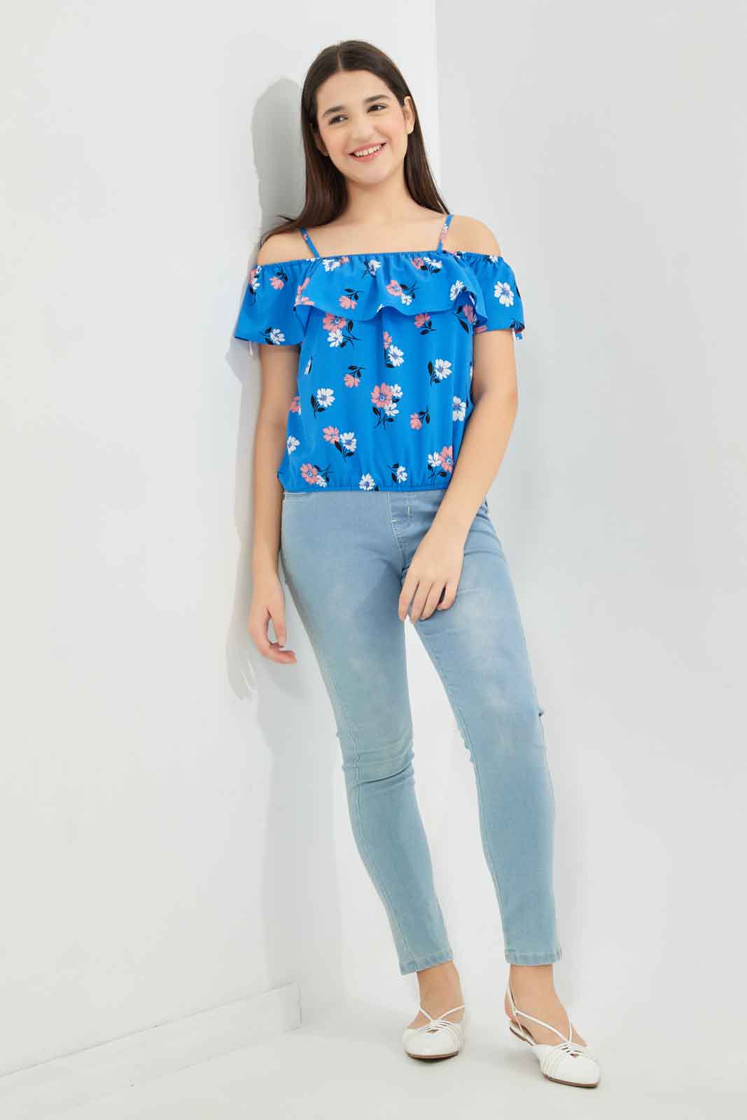 Redtag-Girls-Blue-Floral-Off-Shoulder-Blouse-Category:Blouses,-Colour:Blue,-Deals:New-In,-Dept:Girls,-Filter:Senior-Girls-(8-to-14-Yrs),-GSR-Blouses,-New-In-GSR-APL,-Non-Sale,-S23B,-Section:Girls-(0-to-14Yrs)-Senior-Girls-9 to 14 Years
