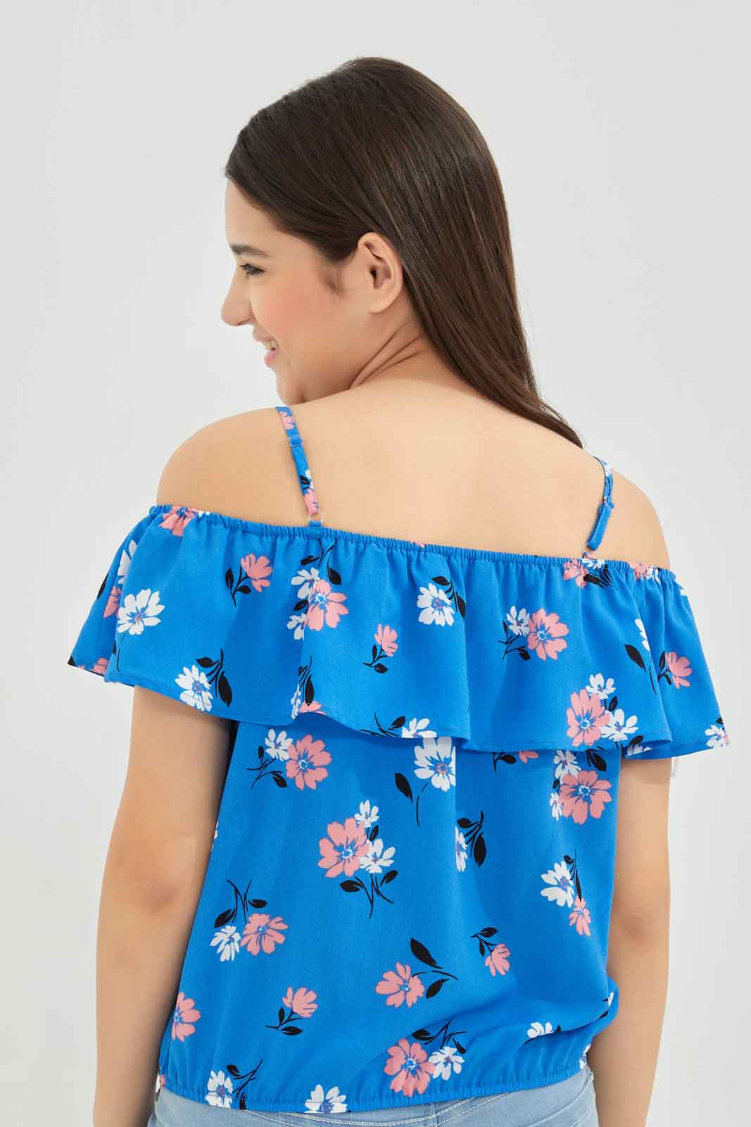 Redtag-Girls-Blue-Floral-Off-Shoulder-Blouse-Category:Blouses,-Colour:Blue,-Deals:New-In,-Dept:Girls,-Filter:Senior-Girls-(8-to-14-Yrs),-GSR-Blouses,-New-In-GSR-APL,-Non-Sale,-S23B,-Section:Girls-(0-to-14Yrs)-Senior-Girls-9 to 14 Years