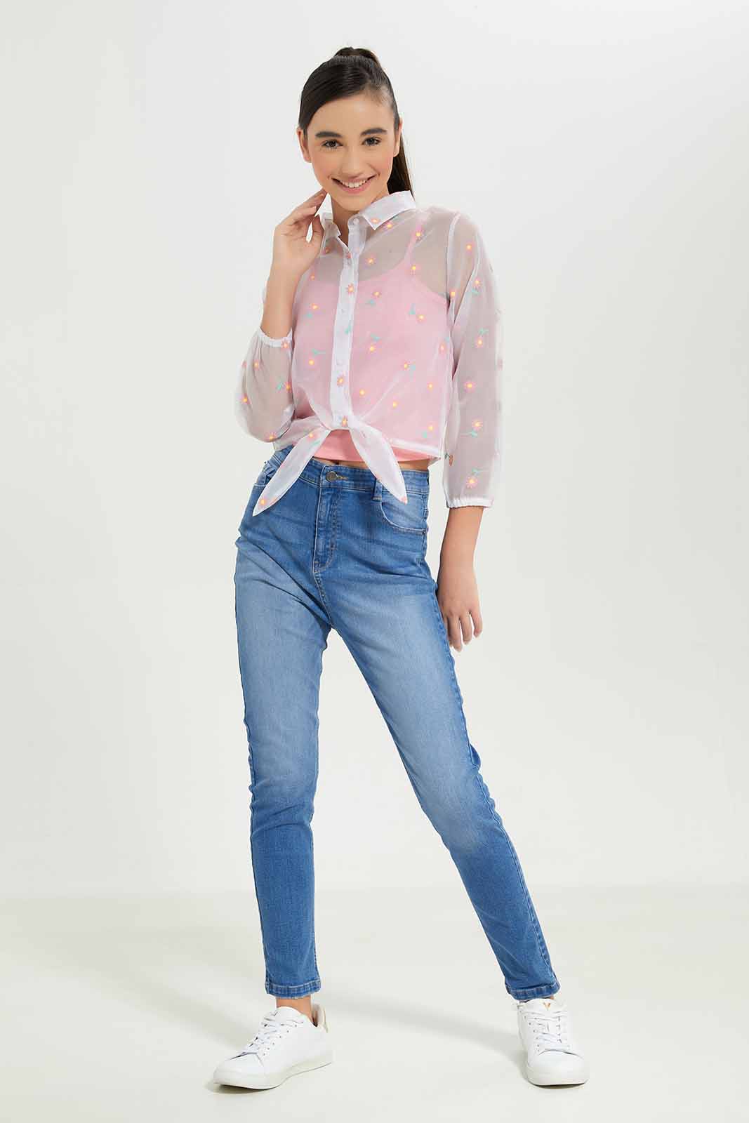 Redtag-Girls-White/Pink-Floral-Organza-Blouse-Category:Blouses,-Colour:White,-Deals:New-In,-Dept:Girls,-Filter:Senior-Girls-(8-to-14-Yrs),-GSR-Blouses,-New-In-GSR-APL,-Non-Sale,-S23B,-Section:Girls-(0-to-14Yrs)-Senior-Girls-9 to 14 Years