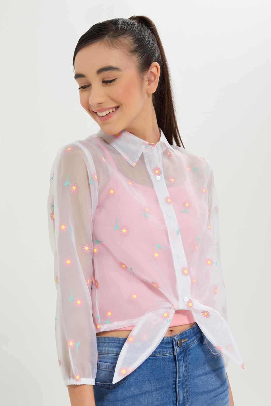Redtag-Girls-White/Pink-Floral-Organza-Blouse-Category:Blouses,-Colour:White,-Deals:New-In,-Dept:Girls,-Filter:Senior-Girls-(8-to-14-Yrs),-GSR-Blouses,-New-In-GSR-APL,-Non-Sale,-S23B,-Section:Girls-(0-to-14Yrs)-Senior-Girls-9 to 14 Years