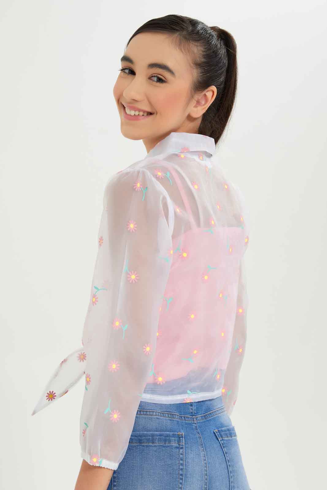 Redtag-Girls-White/Pink-Floral-Organza-Blouse-Category:Blouses,-Colour:White,-Deals:New-In,-Dept:Girls,-Filter:Senior-Girls-(8-to-14-Yrs),-GSR-Blouses,-New-In-GSR-APL,-Non-Sale,-S23B,-Section:Girls-(0-to-14Yrs)-Senior-Girls-9 to 14 Years