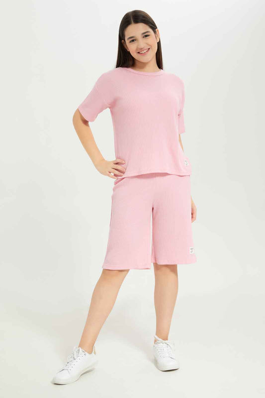 Redtag-Girls-Pink-Waffle-Sets-Category:Jog-Sets,-Colour:Apricot,-Deals:New-In,-Dept:Girls,-Filter:Senior-Girls-(8-to-14-Yrs),-GSR-Jog-Sets,-New-In-GSR-APL,-Non-Sale,-S23B,-Section:Girls-(0-to-14Yrs)--