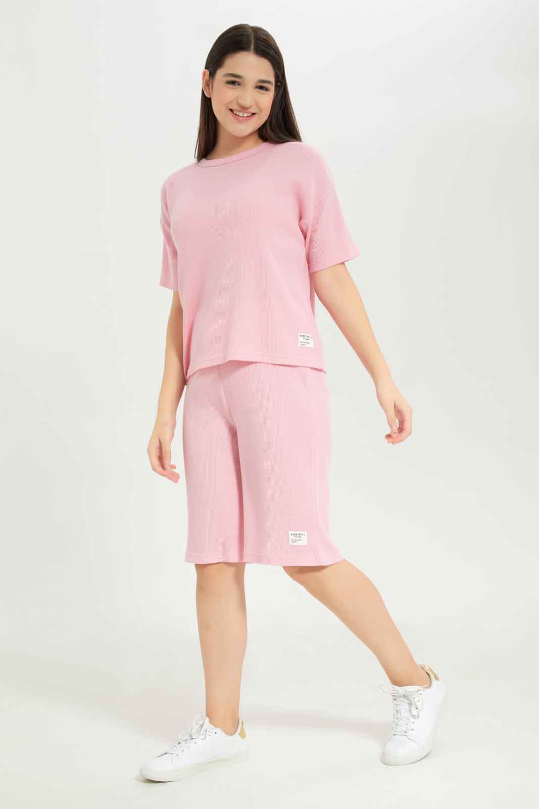 Redtag-Girls-Pink-Waffle-Sets-Category:Jog-Sets,-Colour:Apricot,-Deals:New-In,-Dept:Girls,-Filter:Senior-Girls-(8-to-14-Yrs),-GSR-Jog-Sets,-New-In-GSR-APL,-Non-Sale,-S23B,-Section:Girls-(0-to-14Yrs)--