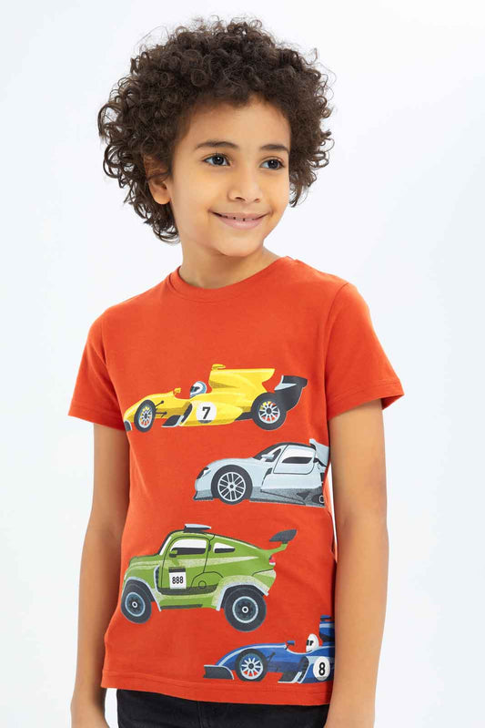 Redtag-Boys-Red-Short-Sleeve-Car-Graphic-T-Shirt-BOY-T-Shirts,-Category:T-Shirts,-CHA,-Colour:Red,-Deals:New-In,-Dept:Boys,-Filter:Boys-(2-to-8-Yrs),-New-In-BOY-APL,-Non-Sale,-S23B,-Section:Boys-(0-to-14Yrs),-TBL-Boys-2 to 8 Years
