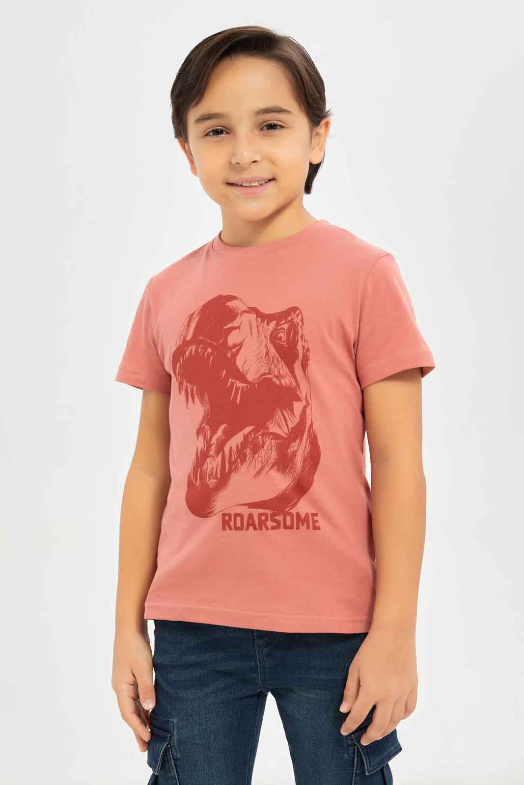 Redtag-Boys-Mauve-Short-Sleeve-Roarsome-Graphic-T-Shirt-BOY-T-Shirts,-Category:T-Shirts,-CHA,-Colour:Mauve,-Deals:New-In,-Dept:Boys,-Filter:Boys-(2-to-8-Yrs),-New-In-BOY-APL,-Non-Sale,-S23B,-Section:Boys-(0-to-14Yrs),-TBL-Boys-2 to 8 Years