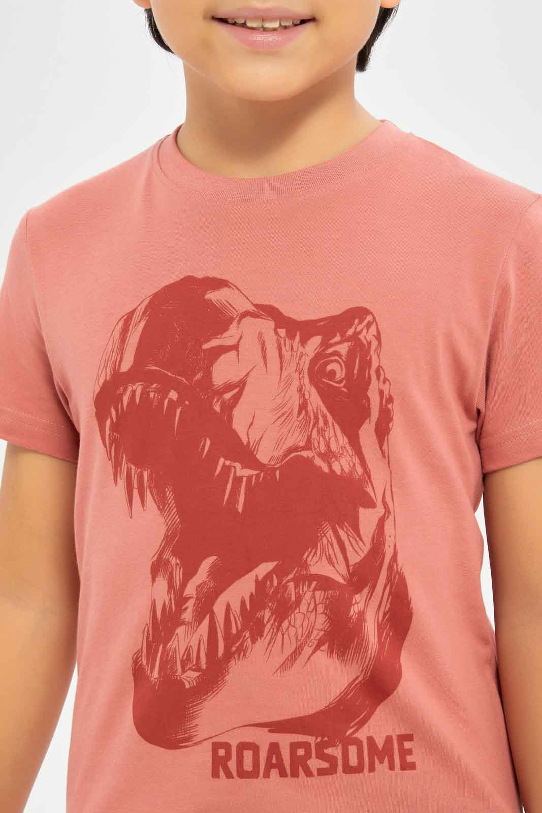 Redtag-Boys-Mauve-Short-Sleeve-Roarsome-Graphic-T-Shirt-BOY-T-Shirts,-Category:T-Shirts,-CHA,-Colour:Mauve,-Deals:New-In,-Dept:Boys,-Filter:Boys-(2-to-8-Yrs),-New-In-BOY-APL,-Non-Sale,-S23B,-Section:Boys-(0-to-14Yrs),-TBL-Boys-2 to 8 Years