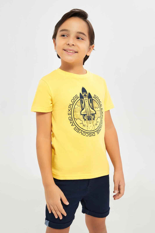 Redtag-Boys-Yellow-Short-Sleeve-Space-Graphic-T-Shirt-BOY-T-Shirts,-Category:T-Shirts,-CHA,-Colour:Yellow,-Deals:New-In,-Dept:Boys,-Filter:Boys-(2-to-8-Yrs),-New-In-BOY-APL,-Non-Sale,-S23B,-Section:Boys-(0-to-14Yrs),-TBL-Boys-2 to 8 Years