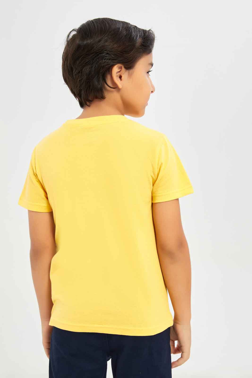 Redtag-Boys-Yellow-Short-Sleeve-Space-Graphic-T-Shirt-BOY-T-Shirts,-Category:T-Shirts,-CHA,-Colour:Yellow,-Deals:New-In,-Dept:Boys,-Filter:Boys-(2-to-8-Yrs),-New-In-BOY-APL,-Non-Sale,-S23B,-Section:Boys-(0-to-14Yrs),-TBL-Boys-2 to 8 Years
