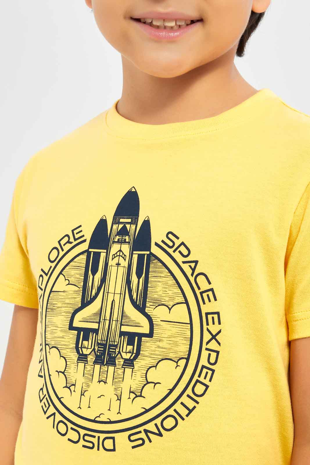 Redtag-Boys-Yellow-Short-Sleeve-Space-Graphic-T-Shirt-BOY-T-Shirts,-Category:T-Shirts,-CHA,-Colour:Yellow,-Deals:New-In,-Dept:Boys,-Filter:Boys-(2-to-8-Yrs),-New-In-BOY-APL,-Non-Sale,-S23B,-Section:Boys-(0-to-14Yrs),-TBL-Boys-2 to 8 Years