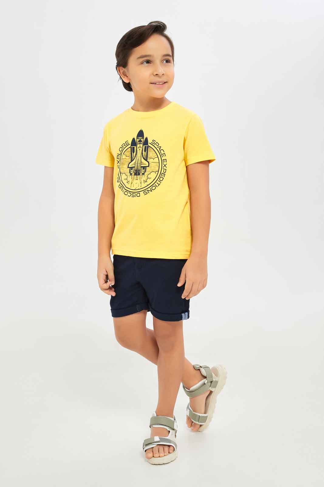 Redtag-Boys-Yellow-Short-Sleeve-Space-Graphic-T-Shirt-BOY-T-Shirts,-Category:T-Shirts,-CHA,-Colour:Yellow,-Deals:New-In,-Dept:Boys,-Filter:Boys-(2-to-8-Yrs),-New-In-BOY-APL,-Non-Sale,-S23B,-Section:Boys-(0-to-14Yrs),-TBL-Boys-2 to 8 Years