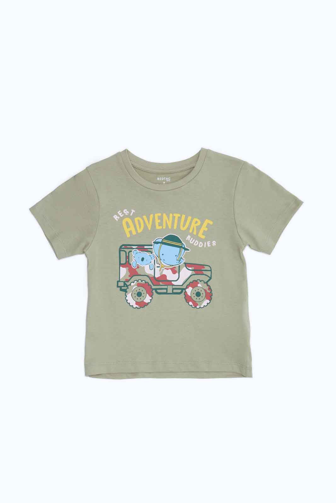 Redtag-Boys-Green-Jeep-Print-Front-Ss-T-Shirt-Category:T-Shirts,-Colour:Green,-Deals:New-In,-Dept:Boys,-Filter:Infant-Boys-(3-to-24-Mths),-INB-T-Shirts,-New-In-INB-APL,-Non-Sale,-S23B,-Section:Boys-(0-to-14Yrs),-TBL-Infant-Boys-3 to 24 Months