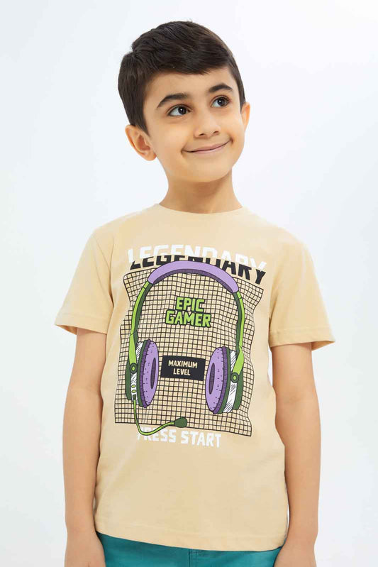 Redtag-Boys-Beige-Short-Sleeve-Gamer-Graphic-T-Shirt-BOY-T-Shirts,-Category:T-Shirts,-CHA,-Colour:Beige,-Deals:New-In,-Dept:Boys,-Filter:Boys-(2-to-8-Yrs),-New-In-BOY-APL,-Non-Sale,-S23B,-Section:Boys-(0-to-14Yrs),-TBL-Boys-2 to 8 Years