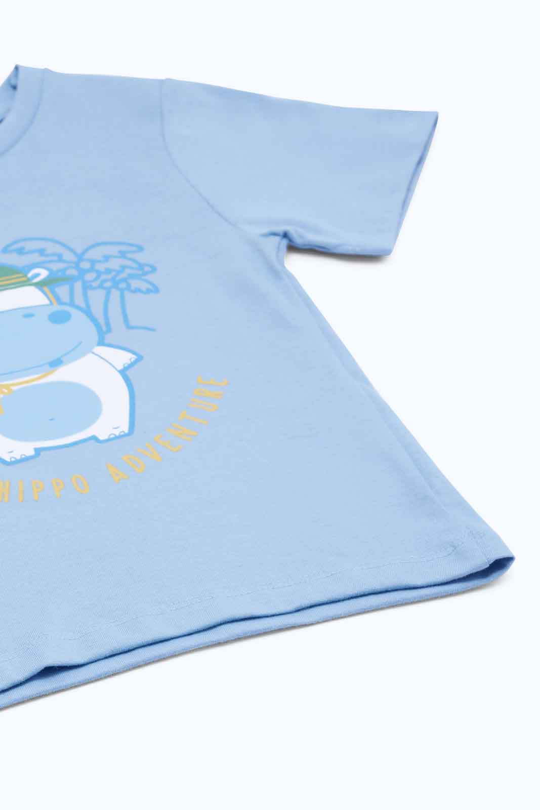 Redtag-Boys-Blue-Hippo-Adventure-Print-Ss-Front-Tee-Category:T-Shirts,-Colour:Blue,-Deals:New-In,-Dept:Boys,-Filter:Infant-Boys-(3-to-24-Mths),-INB-T-Shirts,-New-In-INB-APL,-Non-Sale,-S23B,-Section:Boys-(0-to-14Yrs),-TBL-Infant-Boys-3 to 24 Months