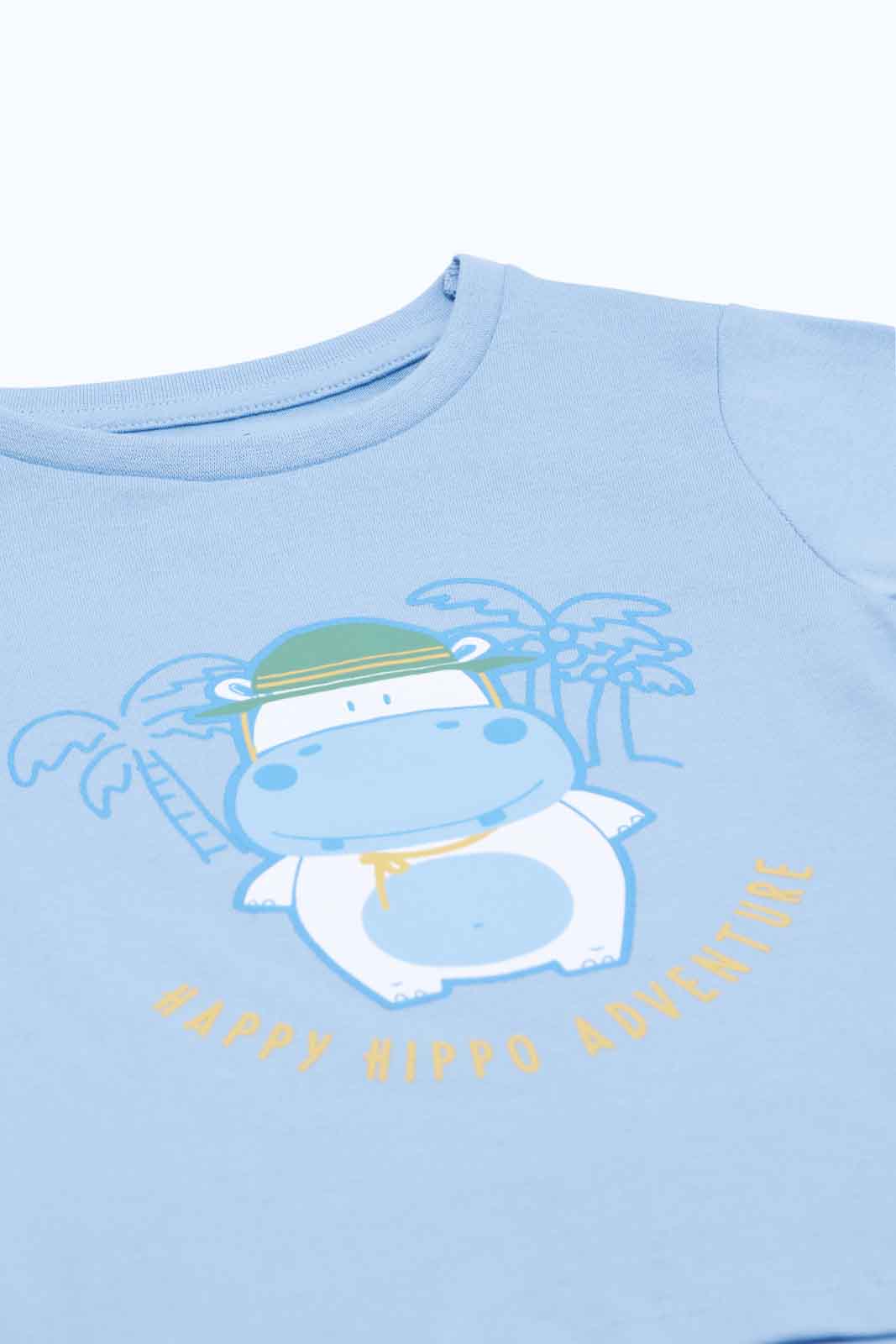 Redtag-Boys-Blue-Hippo-Adventure-Print-Ss-Front-Tee-Category:T-Shirts,-Colour:Blue,-Deals:New-In,-Dept:Boys,-Filter:Infant-Boys-(3-to-24-Mths),-INB-T-Shirts,-New-In-INB-APL,-Non-Sale,-S23B,-Section:Boys-(0-to-14Yrs),-TBL-Infant-Boys-3 to 24 Months