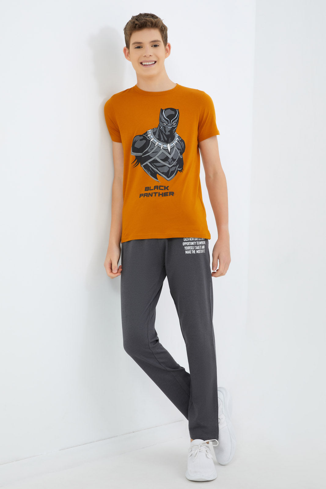 Redtag-Boys-Mustard-Black-Panther-Tee-BSR-T-Shirts,-Category:T-Shirts,-Colour:Mustard,-Deals:New-In,-Dept:Boys,-Filter:Senior-Boys-(8-to-14-Yrs),-New-In-BSR-APL,-Non-Sale,-S23B,-Section:Boys-(0-to-14Yrs),-TBL-Senior-Boys-9 to 14 Years