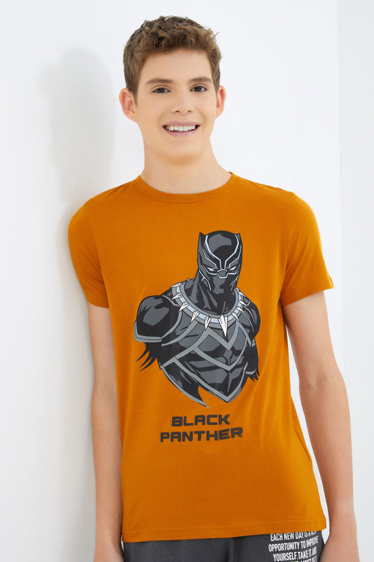 Redtag-Boys-Mustard-Black-Panther-Tee-BSR-T-Shirts,-Category:T-Shirts,-Colour:Mustard,-Deals:New-In,-Dept:Boys,-Filter:Senior-Boys-(8-to-14-Yrs),-New-In-BSR-APL,-Non-Sale,-S23B,-Section:Boys-(0-to-14Yrs),-TBL-Senior-Boys-9 to 14 Years