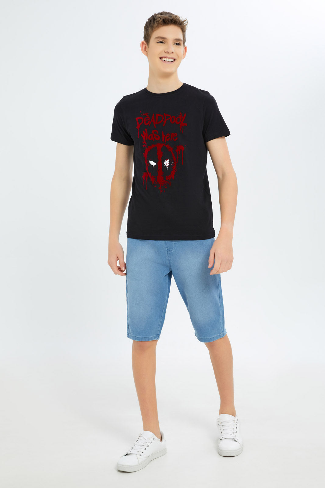 Redtag-Boys-Black-Deadpool-Tee-BSR-T-Shirts,-Category:T-Shirts,-Colour:Black,-Deals:New-In,-Dept:Boys,-Filter:Senior-Boys-(8-to-14-Yrs),-New-In-BSR-APL,-Non-Sale,-S23B,-Section:Boys-(0-to-14Yrs),-TBL-Senior-Boys-9 to 14 Years