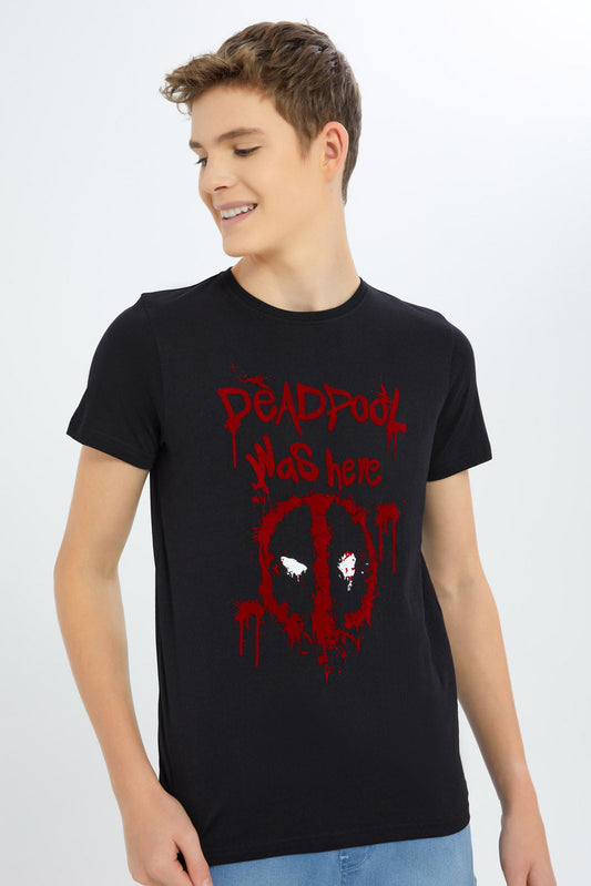 Redtag-Boys-Black-Deadpool-Tee-BSR-T-Shirts,-Category:T-Shirts,-Colour:Black,-Deals:New-In,-Dept:Boys,-Filter:Senior-Boys-(8-to-14-Yrs),-New-In-BSR-APL,-Non-Sale,-S23B,-Section:Boys-(0-to-14Yrs),-TBL-Senior-Boys-9 to 14 Years