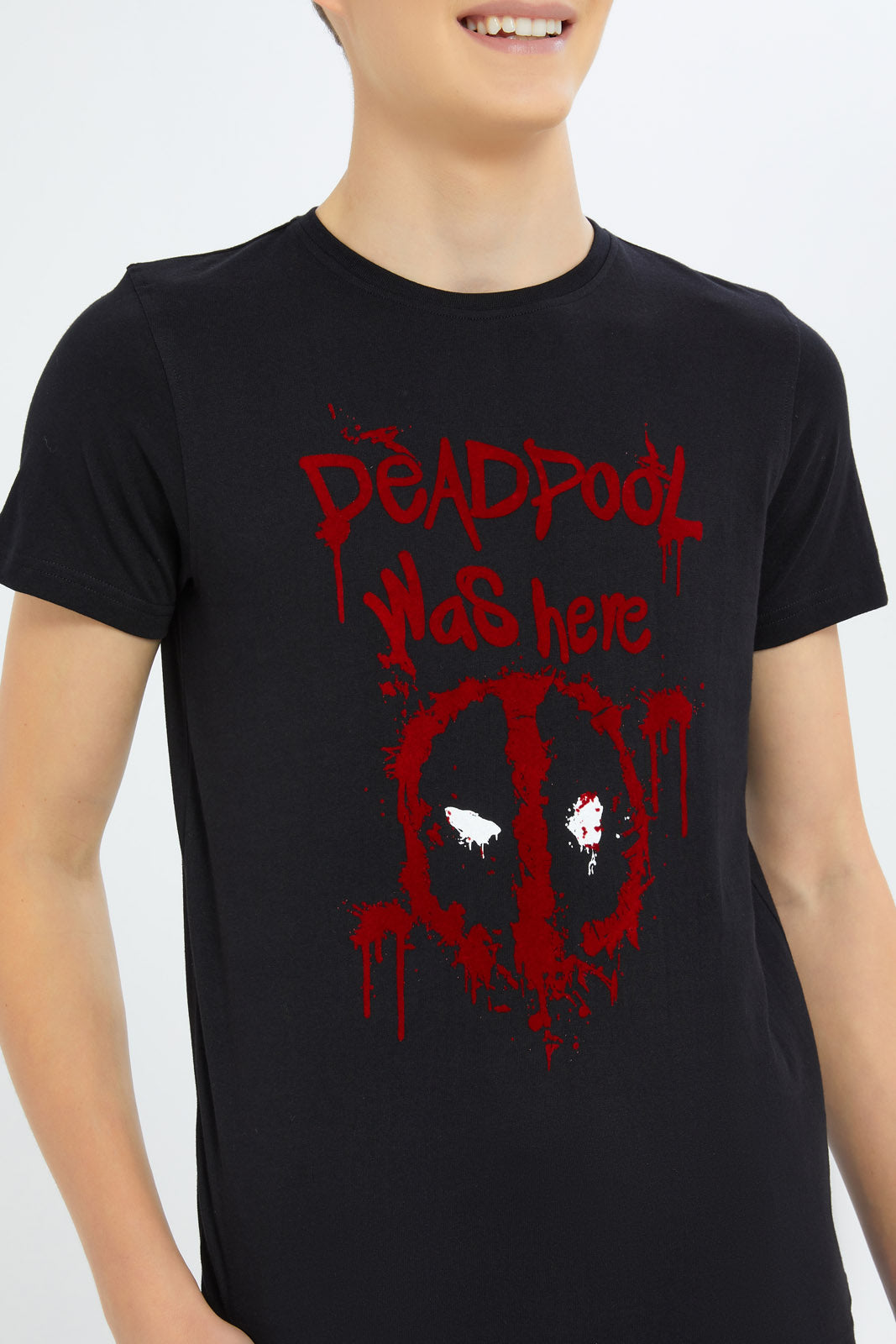 Redtag-Boys-Black-Deadpool-Tee-BSR-T-Shirts,-Category:T-Shirts,-Colour:Black,-Deals:New-In,-Dept:Boys,-Filter:Senior-Boys-(8-to-14-Yrs),-New-In-BSR-APL,-Non-Sale,-S23B,-Section:Boys-(0-to-14Yrs),-TBL-Senior-Boys-9 to 14 Years