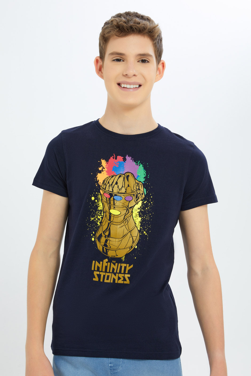 Redtag-Boys-Navy-Infinity-Of-Stones-Tee-BSR-T-Shirts,-Category:T-Shirts,-Colour:Navy,-Deals:New-In,-Dept:Boys,-Filter:Senior-Boys-(8-to-14-Yrs),-New-In-BSR-APL,-Non-Sale,-S23B,-Section:Boys-(0-to-14Yrs),-TBL-Senior-Boys-9 to 14 Years