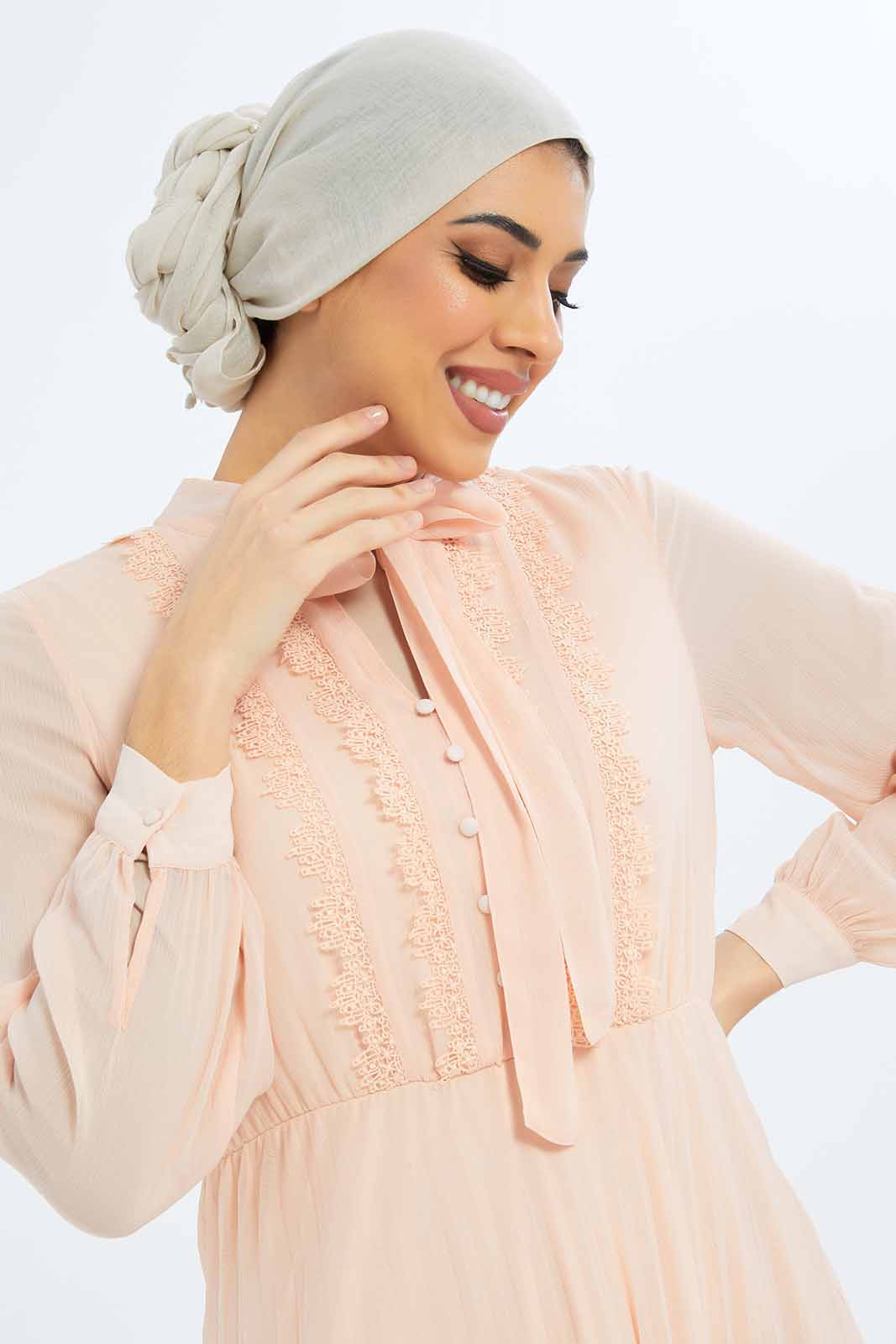 Redtag-Women-Front-Lace-Long-Sleeves-Pleated-Dress-Category:Dresses,-Colour:Apricot,-Deals:New-In,-Dept:Ladieswear,-Filter:Women's-Clothing,-LMC,-New-In-Women-APL,-Non-Sale,-S23B,-Section:Women,-Women-Dresses--