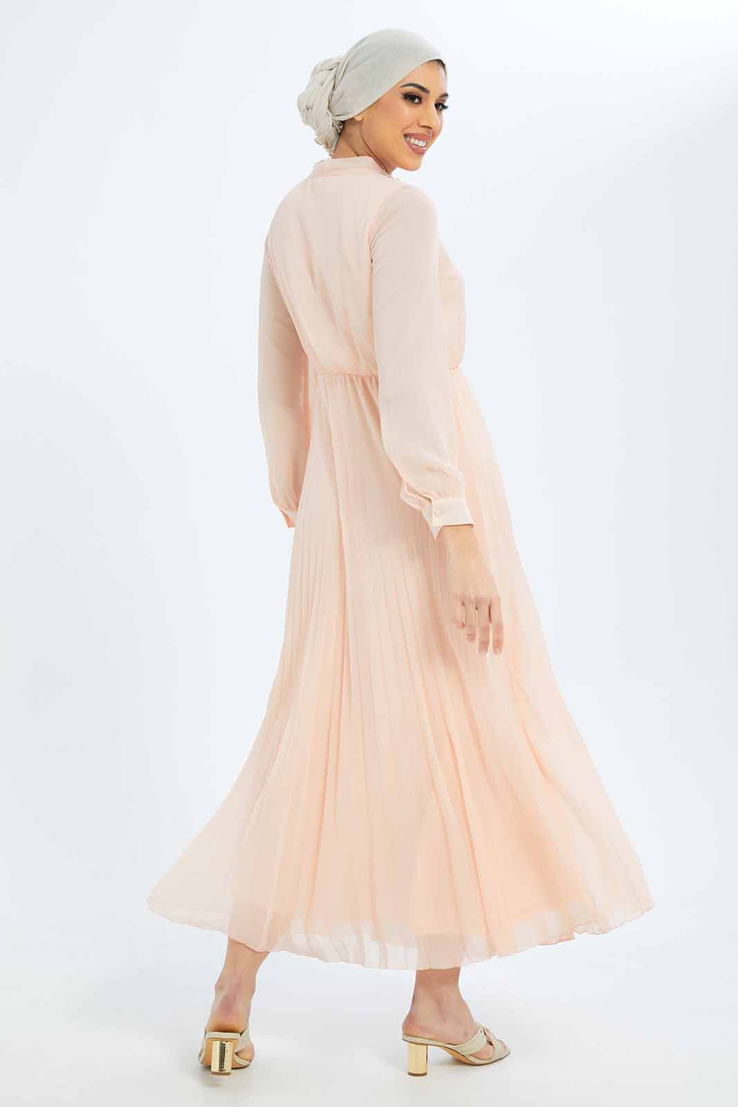 Redtag-Women-Front-Lace-Long-Sleeves-Pleated-Dress-Category:Dresses,-Colour:Apricot,-Deals:New-In,-Dept:Ladieswear,-Filter:Women's-Clothing,-LMC,-New-In-Women-APL,-Non-Sale,-S23B,-Section:Women,-Women-Dresses--