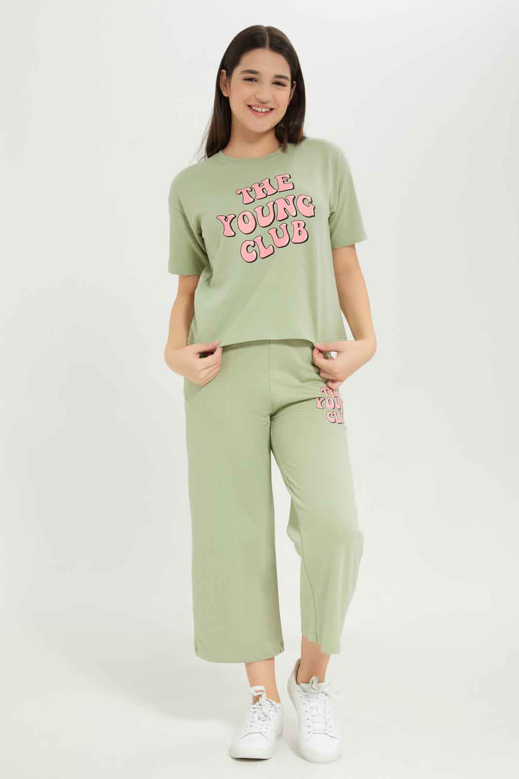 Redtag-Girls-Sage-Drop-Shoulder-Top-Category:T-Shirts,-Colour:Green,-Deals:New-In,-Dept:Girls,-Filter:Senior-Girls-(8-to-14-Yrs),-GSR-T-Shirts,-New-In-GSR-APL,-Non-Sale,-S23B,-Section:Girls-(0-to-14Yrs)-Senior-Girls-9 to 14 Years