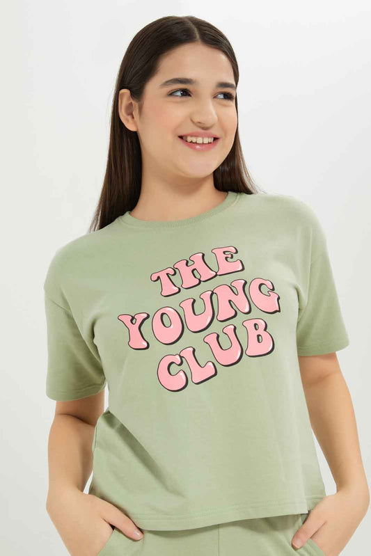 Redtag-Girls-Sage-Drop-Shoulder-Top-Category:T-Shirts,-Colour:Green,-Deals:New-In,-Dept:Girls,-Filter:Senior-Girls-(8-to-14-Yrs),-GSR-T-Shirts,-New-In-GSR-APL,-Non-Sale,-S23B,-Section:Girls-(0-to-14Yrs)-Senior-Girls-9 to 14 Years
