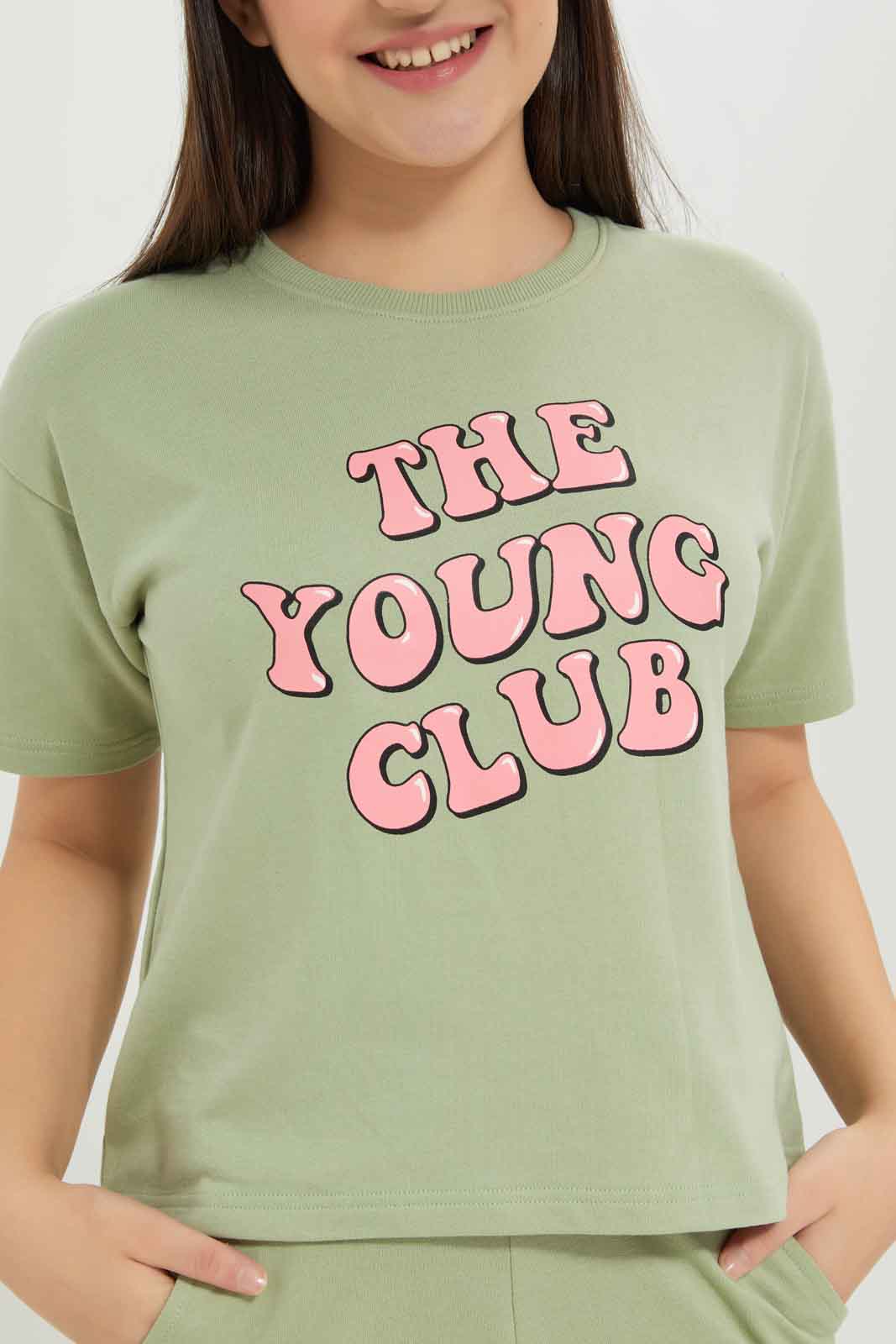 Redtag-Girls-Sage-Drop-Shoulder-Top-Category:T-Shirts,-Colour:Green,-Deals:New-In,-Dept:Girls,-Filter:Senior-Girls-(8-to-14-Yrs),-GSR-T-Shirts,-New-In-GSR-APL,-Non-Sale,-S23B,-Section:Girls-(0-to-14Yrs)-Senior-Girls-9 to 14 Years