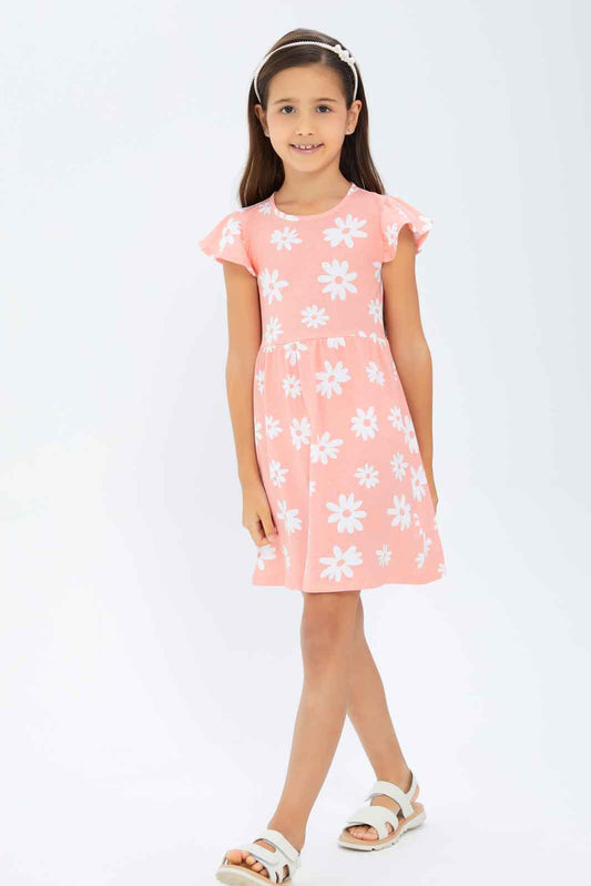 Redtag-Girls-Opp-Sj-Dress---Coral-Floral-Aop-Category:Dresses,-Colour:Orange,-Deals:New-In,-Dept:Girls,-Filter:Girls-(2-to-8-Yrs),-GIR-Dresses,-New-In-GIR-APL,-Non-Sale,-S23B,-Section:Girls-(0-to-14Yrs),-VLM-Girls-2 to 8 Years