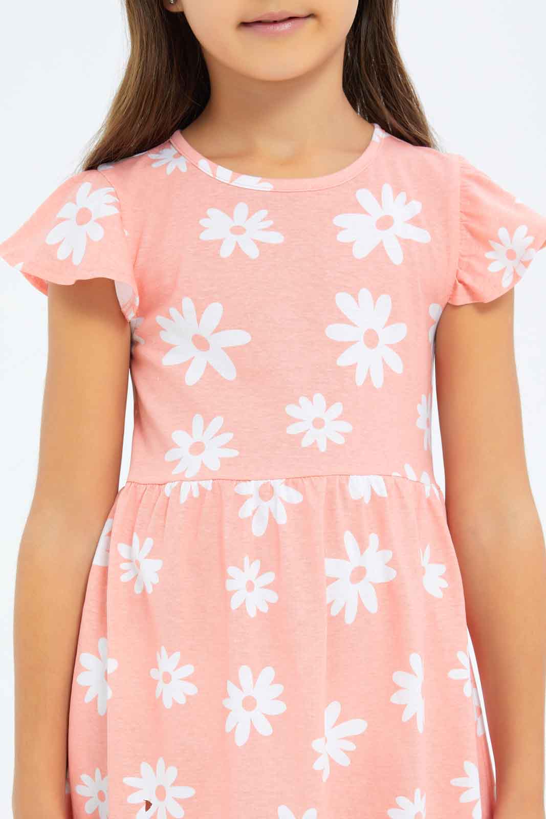 Redtag-Girls-Opp-Sj-Dress---Coral-Floral-Aop-Category:Dresses,-Colour:Orange,-Deals:New-In,-Dept:Girls,-Filter:Girls-(2-to-8-Yrs),-GIR-Dresses,-New-In-GIR-APL,-Non-Sale,-S23B,-Section:Girls-(0-to-14Yrs),-VLM-Girls-2 to 8 Years