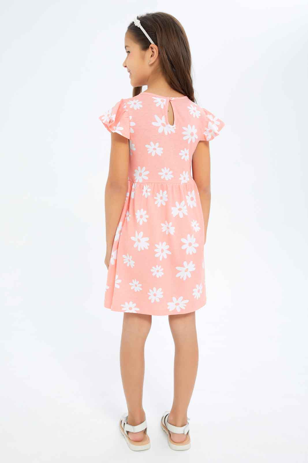 Redtag-Girls-Opp-Sj-Dress---Coral-Floral-Aop-Category:Dresses,-Colour:Orange,-Deals:New-In,-Dept:Girls,-Filter:Girls-(2-to-8-Yrs),-GIR-Dresses,-New-In-GIR-APL,-Non-Sale,-S23B,-Section:Girls-(0-to-14Yrs),-VLM-Girls-2 to 8 Years