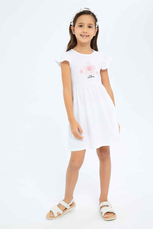 Redtag-Girls-Opp-Sj-Dress-Ss---White-Floral-Placement-Category:Dresses,-Colour:White,-Deals:New-In,-Dept:Girls,-Filter:Girls-(2-to-8-Yrs),-GIR-Dresses,-New-In-GIR-APL,-Non-Sale,-S23B,-Section:Girls-(0-to-14Yrs),-VLM-Girls-2 to 8 Years