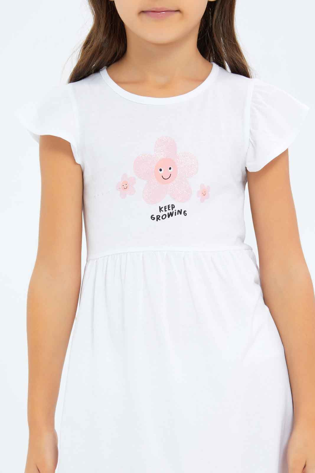 Redtag-Girls-Opp-Sj-Dress-Ss---White-Floral-Placement-Category:Dresses,-Colour:White,-Deals:New-In,-Dept:Girls,-Filter:Girls-(2-to-8-Yrs),-GIR-Dresses,-New-In-GIR-APL,-Non-Sale,-S23B,-Section:Girls-(0-to-14Yrs),-VLM-Girls-2 to 8 Years