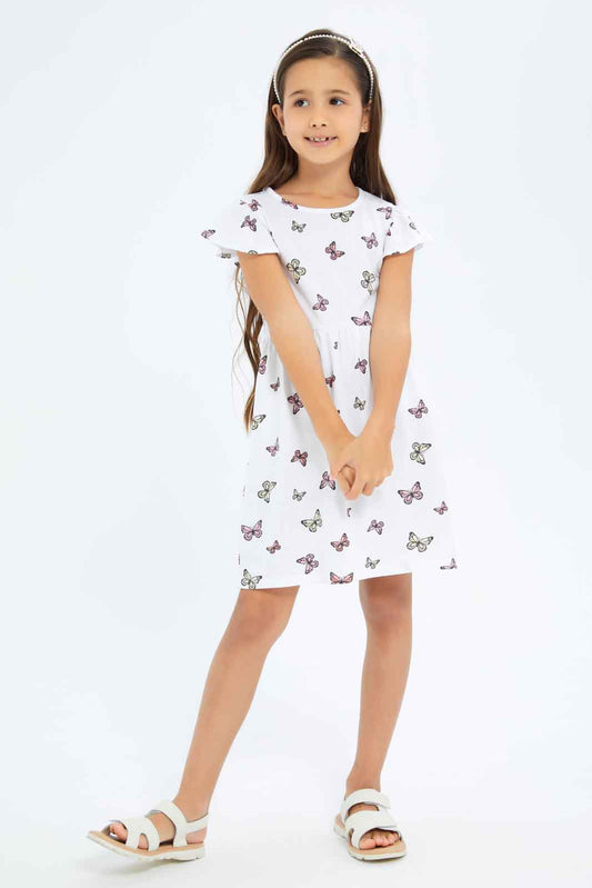 Redtag-Girls-Opp-Sj-Dress-Ss---Aop-Butterfly-Category:Dresses,-Colour:White,-Deals:New-In,-Dept:Girls,-Filter:Girls-(2-to-8-Yrs),-GIR-Dresses,-New-In-GIR-APL,-Non-Sale,-S23B,-Section:Girls-(0-to-14Yrs),-VLM-Girls-2 to 8 Years