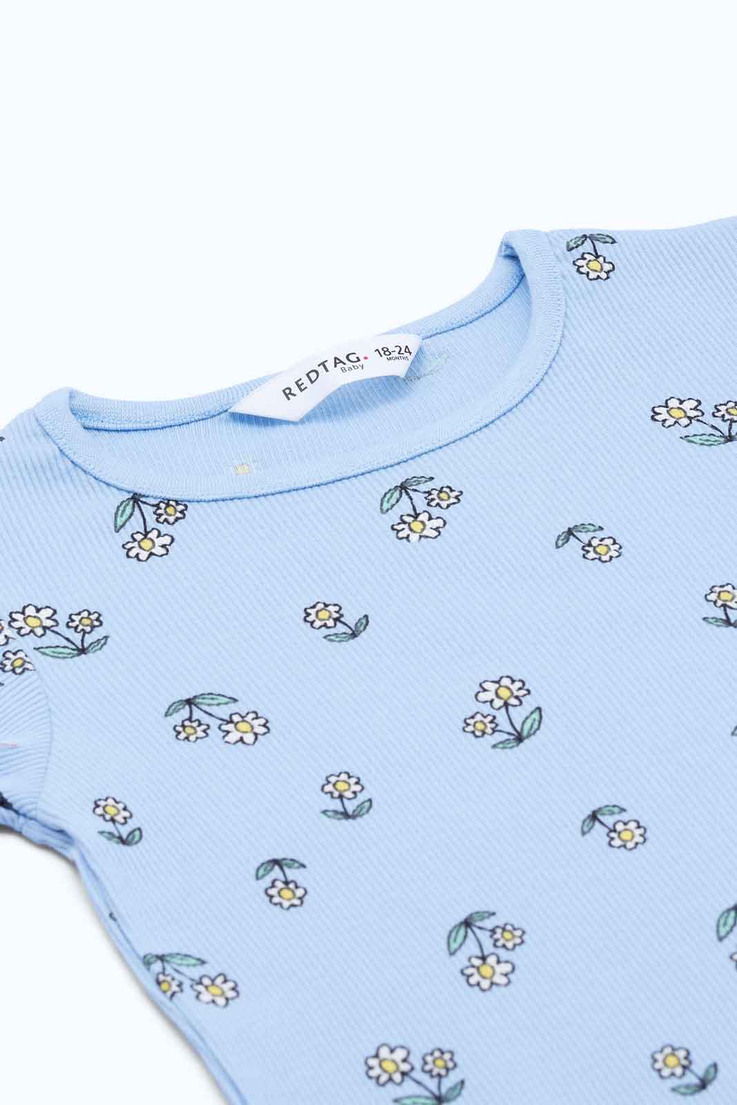 Redtag-Girls-Blue-Floral-Print-Rib-T-Shirt-Category:T-Shirts,-Colour:Blue,-Deals:New-In,-Dept:Girls,-Filter:Infant-Girls-(3-to-24-Mths),-ING-T-Shirts,-New-In-ING-APL,-Non-Sale,-S23B,-Section:Girls-(0-to-14Yrs)-Infant-Girls-3 to 24 Months