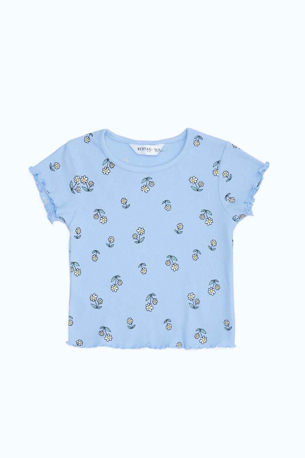 Redtag-Girls-Blue-Floral-Print-Rib-T-Shirt-Category:T-Shirts,-Colour:Blue,-Deals:New-In,-Dept:Girls,-Filter:Infant-Girls-(3-to-24-Mths),-ING-T-Shirts,-New-In-ING-APL,-Non-Sale,-S23B,-Section:Girls-(0-to-14Yrs)-Infant-Girls-3 to 24 Months