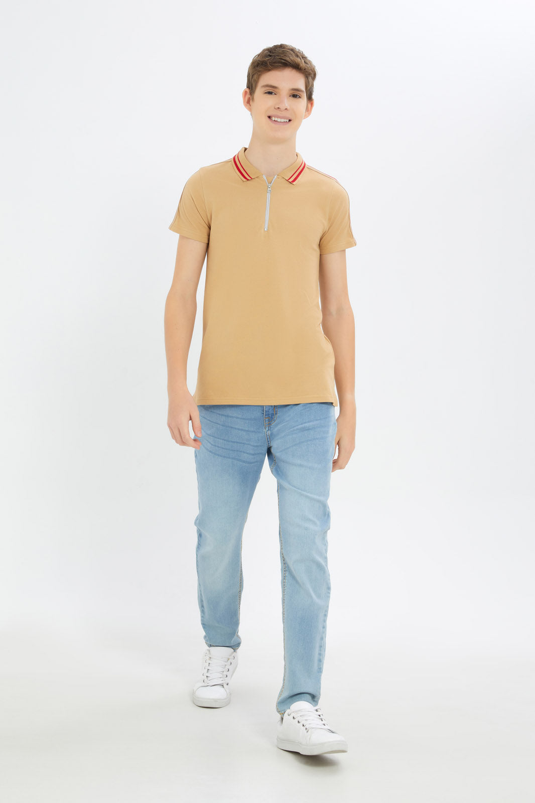 Redtag-Boys-Beige-Mr-Zipthru-Polo-Tee-BSR-Polo-T-Shirts,-Category:Polo-T-Shirts,-Colour:Beige,-Deals:New-In,-Dept:Boys,-Filter:Senior-Boys-(8-to-14-Yrs),-H1:KWR,-H2:BSR,-H3:TSH,-H4:POS,-New-In-BSR-APL,-Non-Sale,-RMD,-S23C,-Season:S23C,-Section:Boys-(0-to-14Yrs)-Senior-Boys-9 to 14 Years