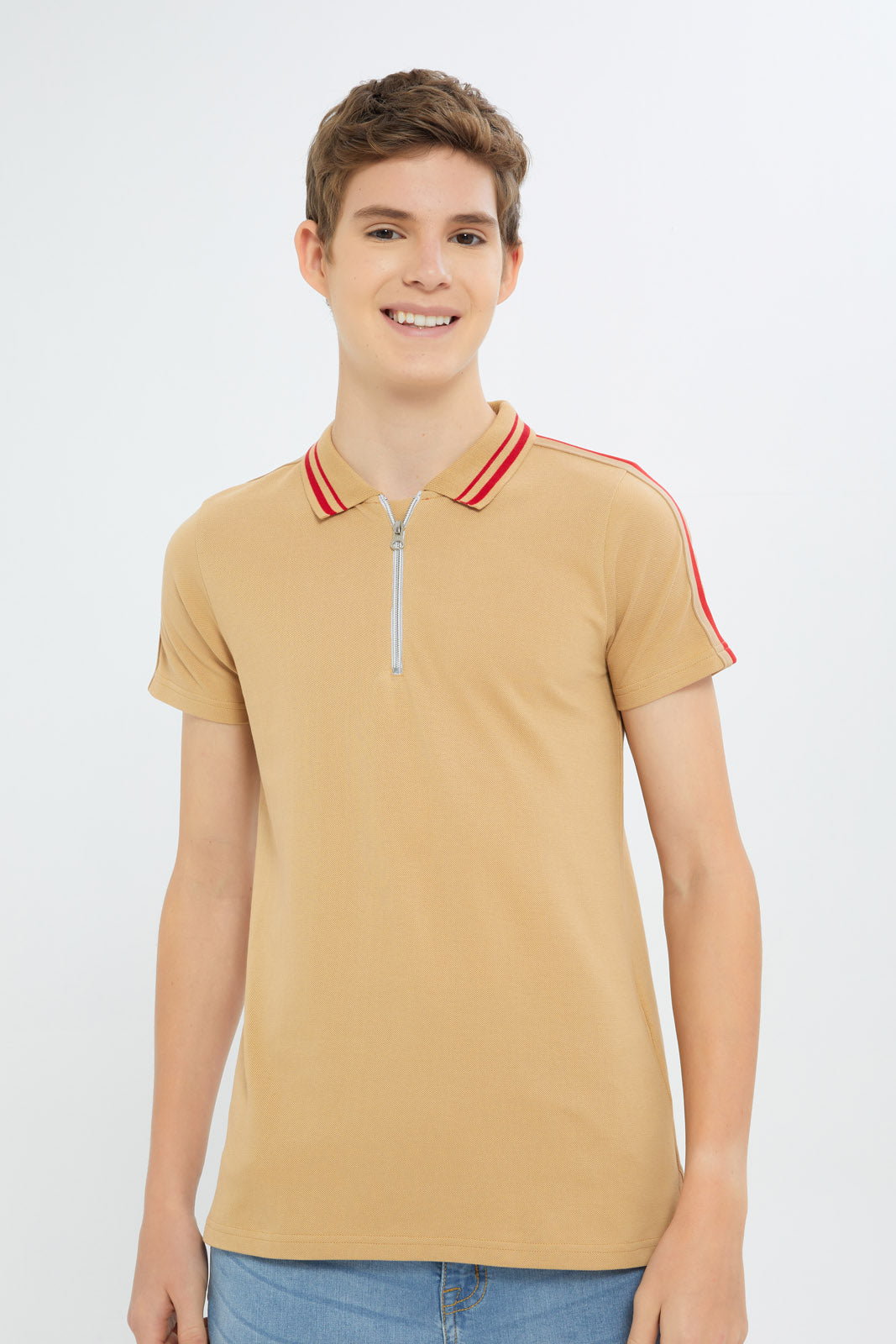 Redtag-Boys-Beige-Mr-Zipthru-Polo-Tee-BSR-Polo-T-Shirts,-Category:Polo-T-Shirts,-Colour:Beige,-Deals:New-In,-Dept:Boys,-Filter:Senior-Boys-(8-to-14-Yrs),-H1:KWR,-H2:BSR,-H3:TSH,-H4:POS,-New-In-BSR-APL,-Non-Sale,-RMD,-S23C,-Season:S23C,-Section:Boys-(0-to-14Yrs)-Senior-Boys-9 to 14 Years