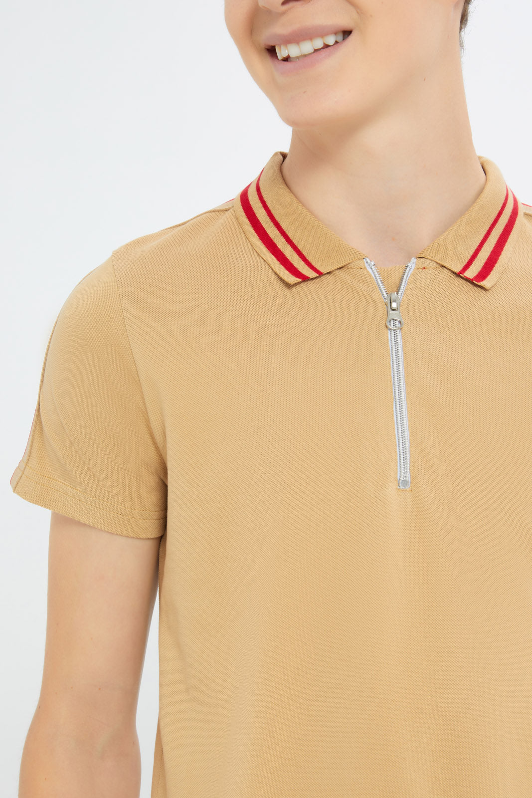 Redtag-Boys-Beige-Mr-Zipthru-Polo-Tee-BSR-Polo-T-Shirts,-Category:Polo-T-Shirts,-Colour:Beige,-Deals:New-In,-Dept:Boys,-Filter:Senior-Boys-(8-to-14-Yrs),-H1:KWR,-H2:BSR,-H3:TSH,-H4:POS,-New-In-BSR-APL,-Non-Sale,-RMD,-S23C,-Season:S23C,-Section:Boys-(0-to-14Yrs)-Senior-Boys-9 to 14 Years
