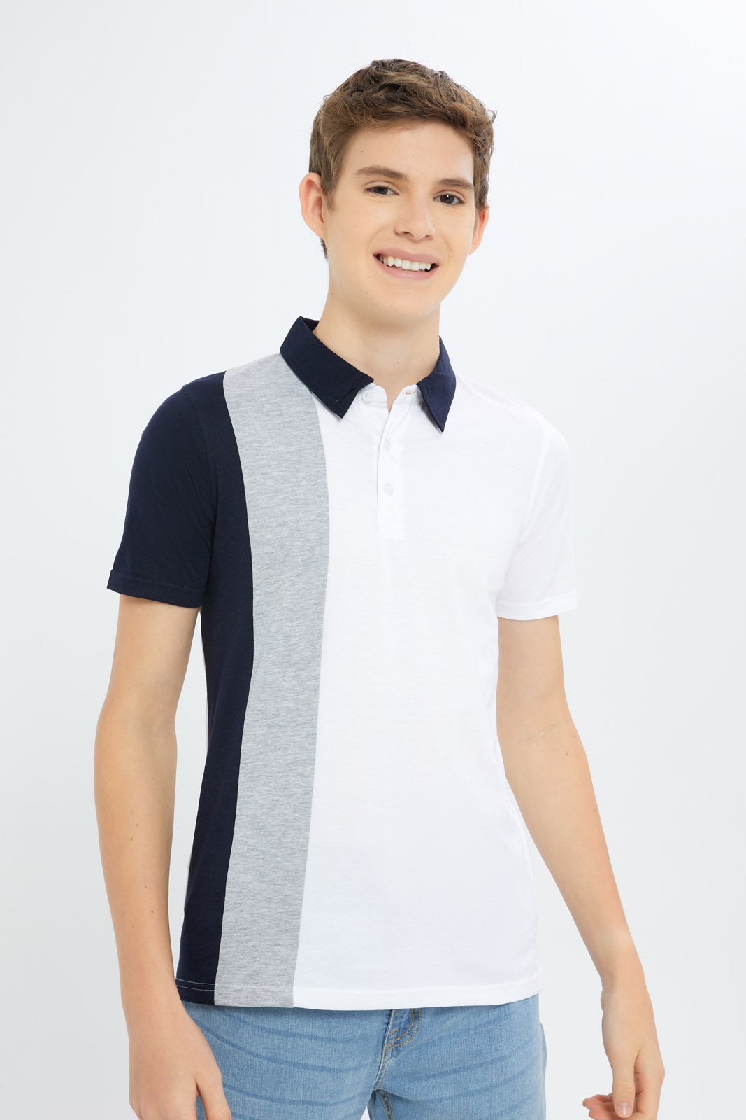 Redtag-Boys-White-Colorblock-Polo-Tee-BSR-Polo-T-Shirts,-Category:Polo-T-Shirts,-Colour:White,-Deals:New-In,-Dept:Boys,-Filter:Senior-Boys-(8-to-14-Yrs),-H1:KWR,-H2:BSR,-H3:TSH,-H4:POS,-New-In-BSR-APL,-Non-Sale,-RMD,-S23C,-Season:S23C,-Section:Boys-(0-to-14Yrs)-Senior-Boys-9 to 14 Years