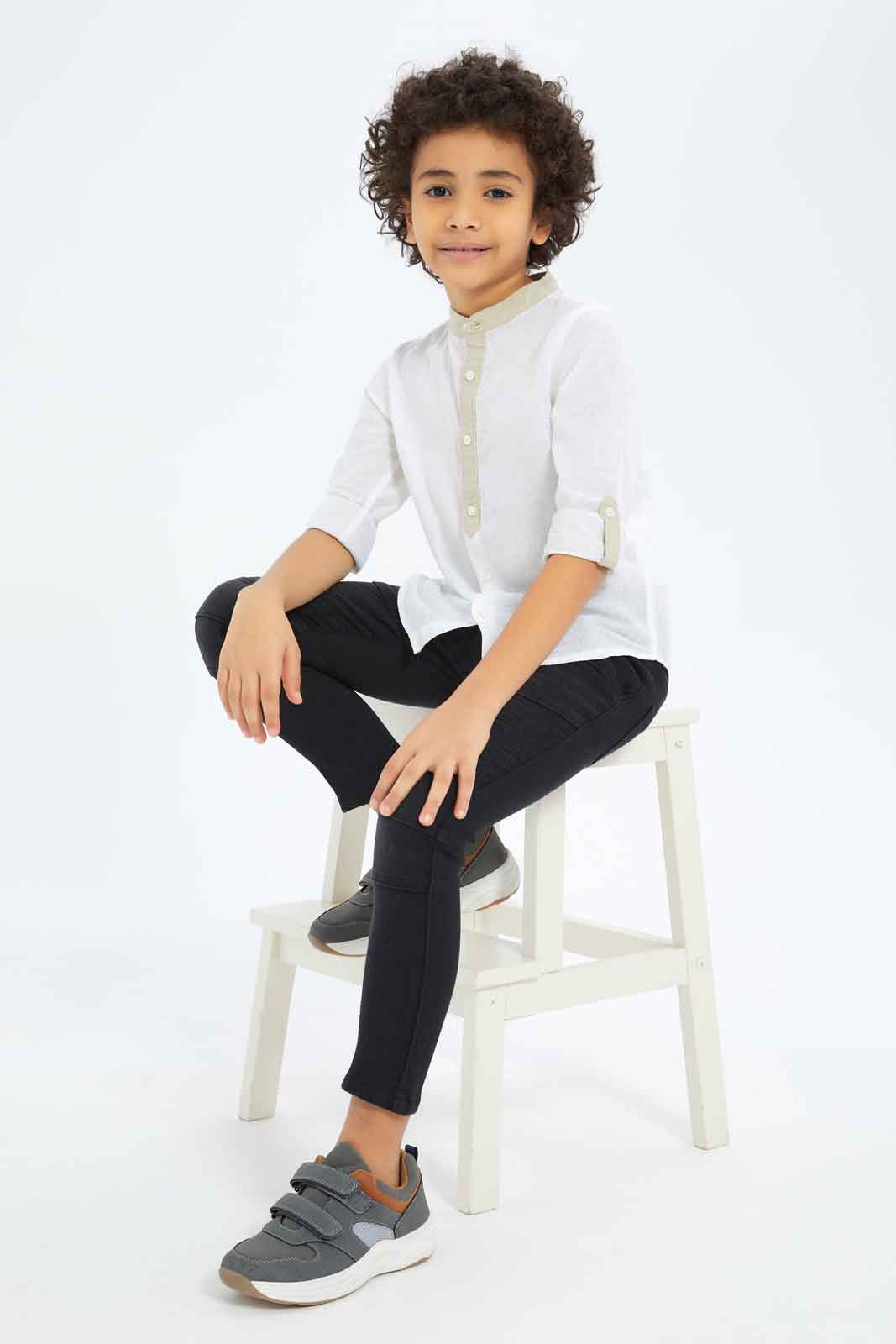 Redtag-Boys-White-Mandarin-Collar-Long-Sleeve-Shirt-BOY-Shirts,-Category:Shirts,-Colour:White,-Deals:New-In,-Dept:Boys,-Filter:Boys-(2-to-8-Yrs),-New-In-BOY-APL,-Non-Sale,-S23C,-Section:Boys-(0-to-14Yrs)-Boys-2 to 8 Years