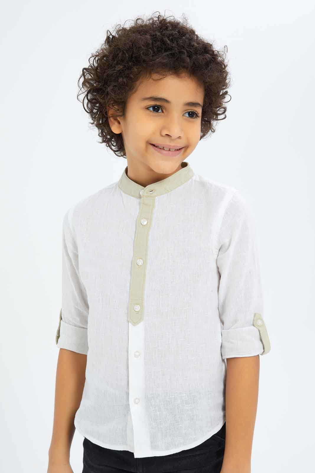 Redtag-Boys-White-Mandarin-Collar-Long-Sleeve-Shirt-BOY-Shirts,-Category:Shirts,-Colour:White,-Deals:New-In,-Dept:Boys,-Filter:Boys-(2-to-8-Yrs),-New-In-BOY-APL,-Non-Sale,-S23C,-Section:Boys-(0-to-14Yrs)-Boys-2 to 8 Years