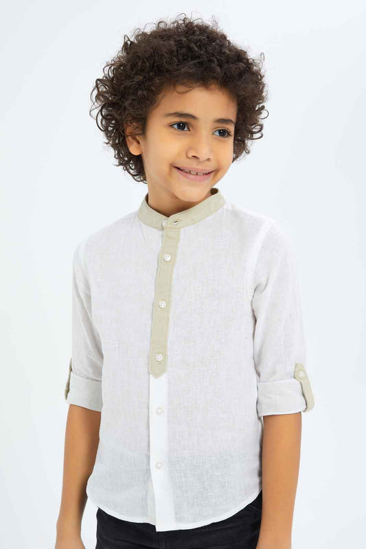 Redtag-Boys-White-Mandarin-Collar-Long-Sleeve-Shirt-BOY-Shirts,-Category:Shirts,-Colour:White,-Deals:New-In,-Dept:Boys,-Filter:Boys-(2-to-8-Yrs),-New-In-BOY-APL,-Non-Sale,-S23C,-Section:Boys-(0-to-14Yrs)-Boys-2 to 8 Years