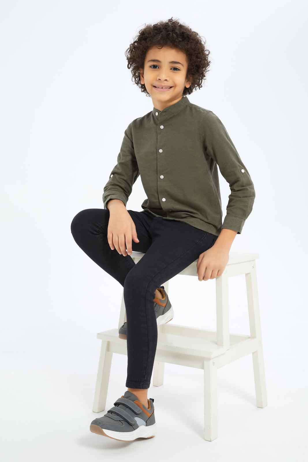 Redtag-Boys-Olive-Mandarin-Collar-Long-Sleeve-Shirt-BOY-Shirts,-Category:Shirts,-Colour:Green,-Deals:New-In,-Dept:Boys,-Filter:Boys-(2-to-8-Yrs),-New-In-BOY-APL,-Non-Sale,-S23C,-Section:Boys-(0-to-14Yrs)-Boys-2 to 8 Years