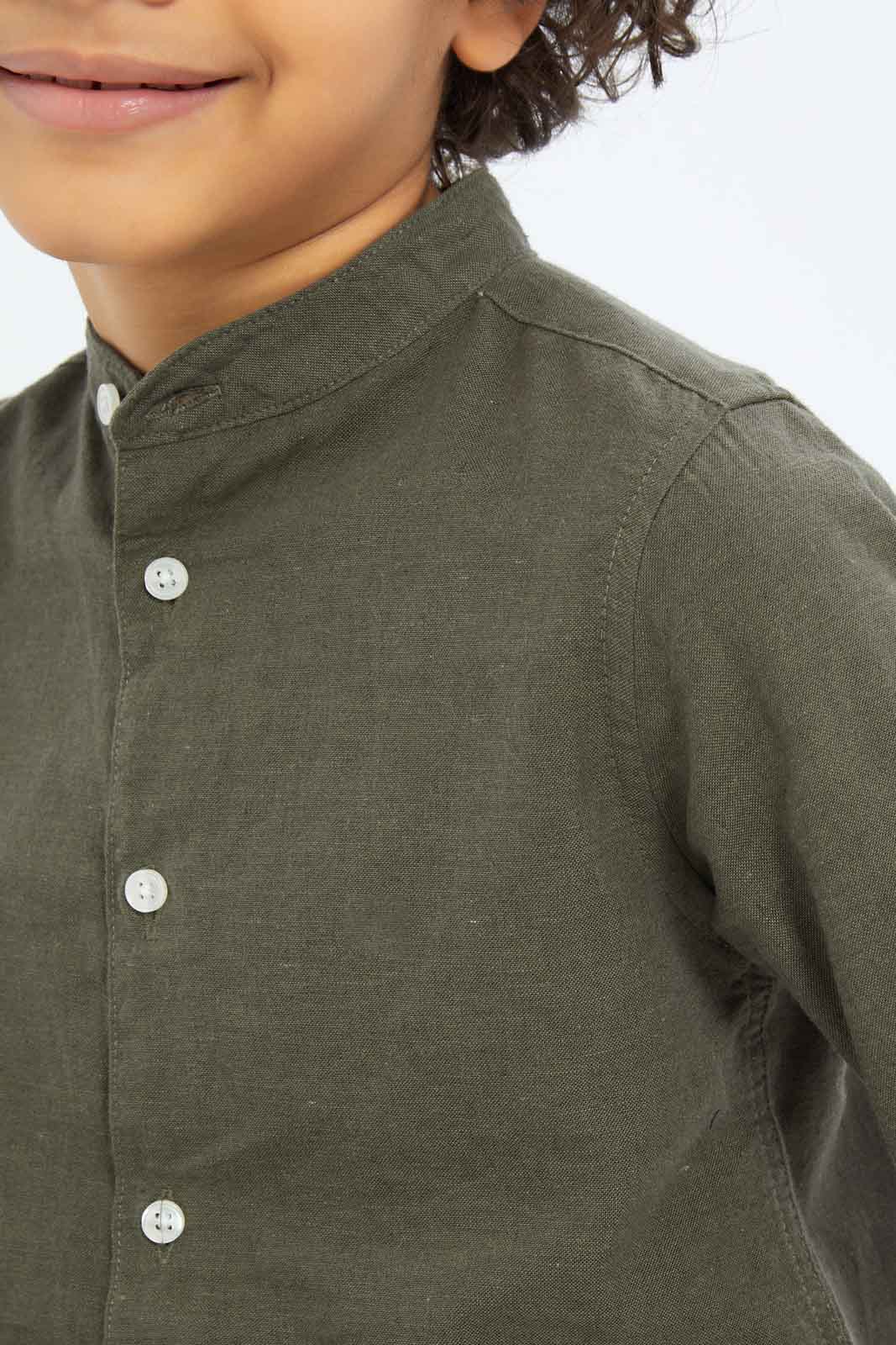 Redtag-Boys-Olive-Mandarin-Collar-Long-Sleeve-Shirt-BOY-Shirts,-Category:Shirts,-Colour:Green,-Deals:New-In,-Dept:Boys,-Filter:Boys-(2-to-8-Yrs),-New-In-BOY-APL,-Non-Sale,-S23C,-Section:Boys-(0-to-14Yrs)-Boys-2 to 8 Years