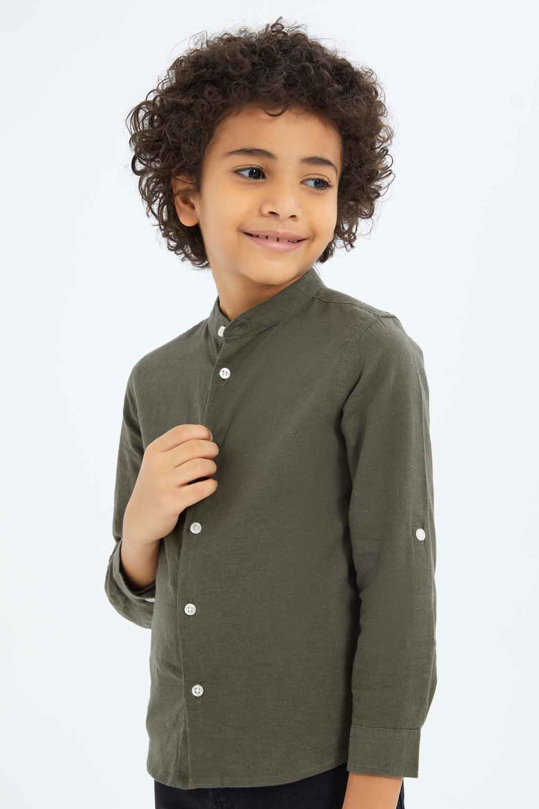 Redtag-Boys-Olive-Mandarin-Collar-Long-Sleeve-Shirt-BOY-Shirts,-Category:Shirts,-Colour:Green,-Deals:New-In,-Dept:Boys,-Filter:Boys-(2-to-8-Yrs),-New-In-BOY-APL,-Non-Sale,-S23C,-Section:Boys-(0-to-14Yrs)-Boys-2 to 8 Years