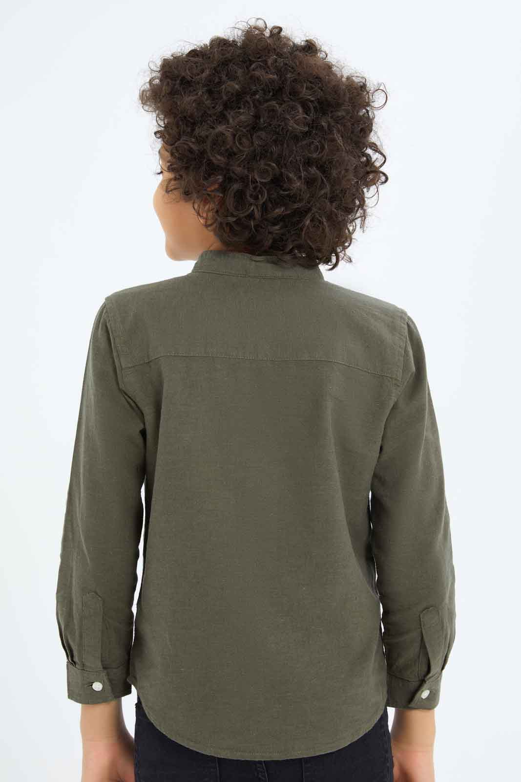 Redtag-Boys-Olive-Mandarin-Collar-Long-Sleeve-Shirt-BOY-Shirts,-Category:Shirts,-Colour:Green,-Deals:New-In,-Dept:Boys,-Filter:Boys-(2-to-8-Yrs),-New-In-BOY-APL,-Non-Sale,-S23C,-Section:Boys-(0-to-14Yrs)-Boys-2 to 8 Years