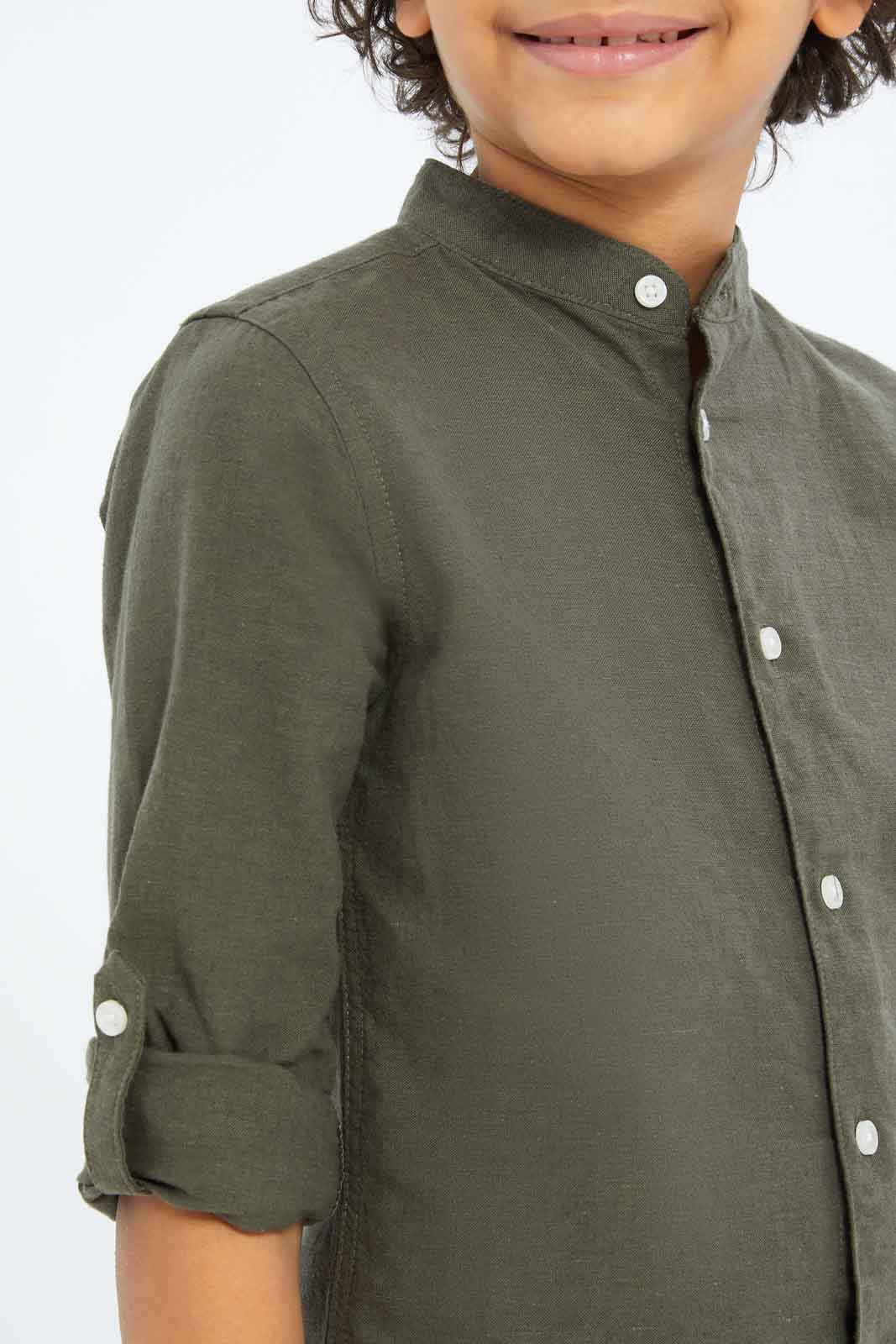 Redtag-Boys-Olive-Mandarin-Collar-Long-Sleeve-Shirt-BOY-Shirts,-Category:Shirts,-Colour:Green,-Deals:New-In,-Dept:Boys,-Filter:Boys-(2-to-8-Yrs),-New-In-BOY-APL,-Non-Sale,-S23C,-Section:Boys-(0-to-14Yrs)-Boys-2 to 8 Years