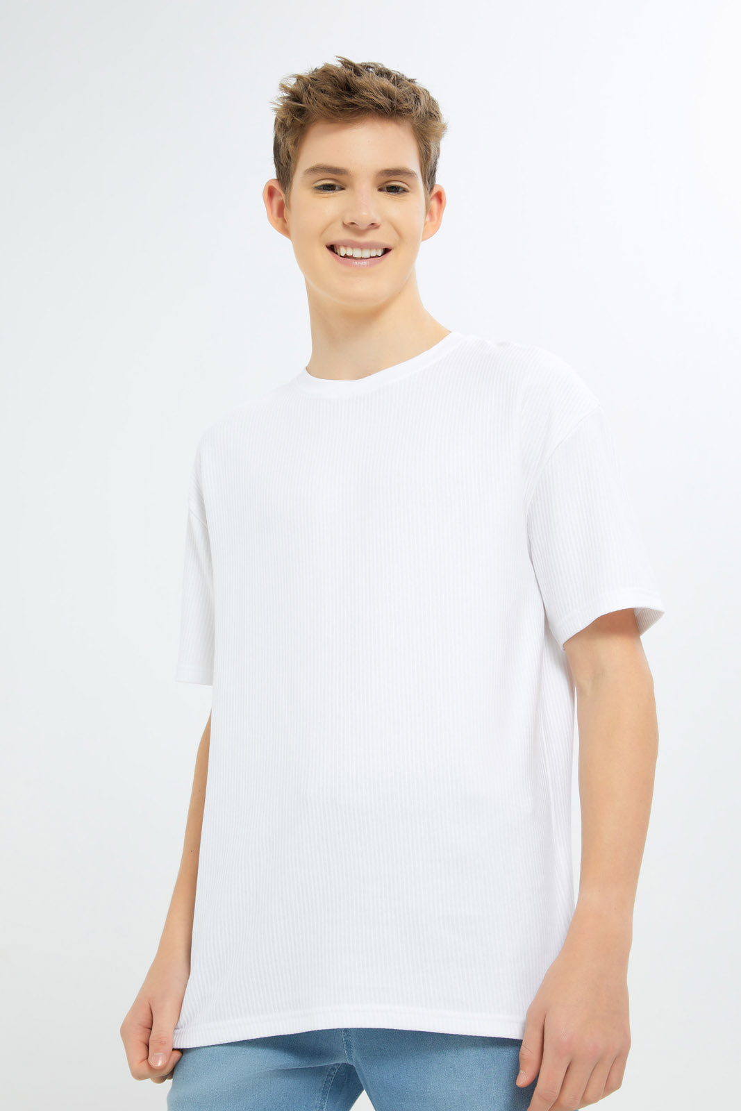 Redtag-Boys-White-Oversize-Jacquard-Tee-BSR-T-Shirts,-Category:T-Shirts,-Colour:White,-Deals:2-FOR-49,-Deals:New-In,-Dept:Boys,-Filter:Senior-Boys-(8-to-14-Yrs),-H1:KWR,-H2:BSR,-H3:TSH,-H4:TSH,-New-In-BSR-APL,-Non-Sale,-S23B,-Season:S23B,-Section:Boys-(0-to-14Yrs),-VLM-Senior-Boys-9 to 14 Years